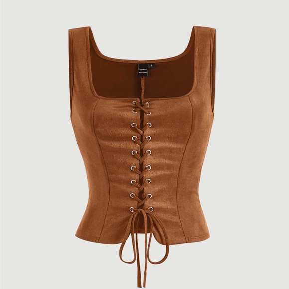 Brown Faux Suede Lace-Up Paneled Corset Top - Picture 1 of 3